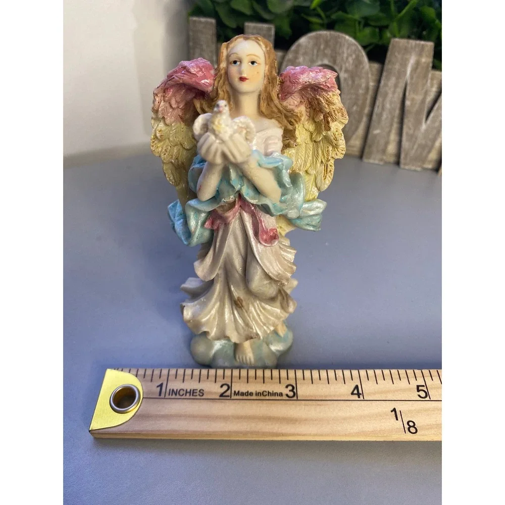 Angel Figurine‎ Holding Dove White Blue Pink Wings Statue